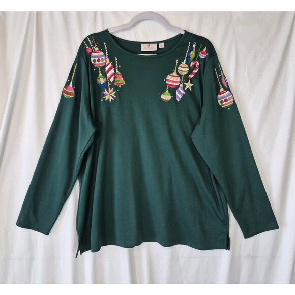 Quacker Factory Sweaters - Quacker Factory Womens Emerald Green Holiday Christmas Embroidered Sweater XL